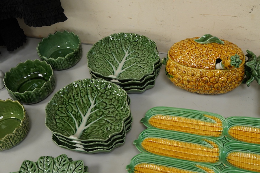 A collection of Portuguese majolica table wares and a dish etc